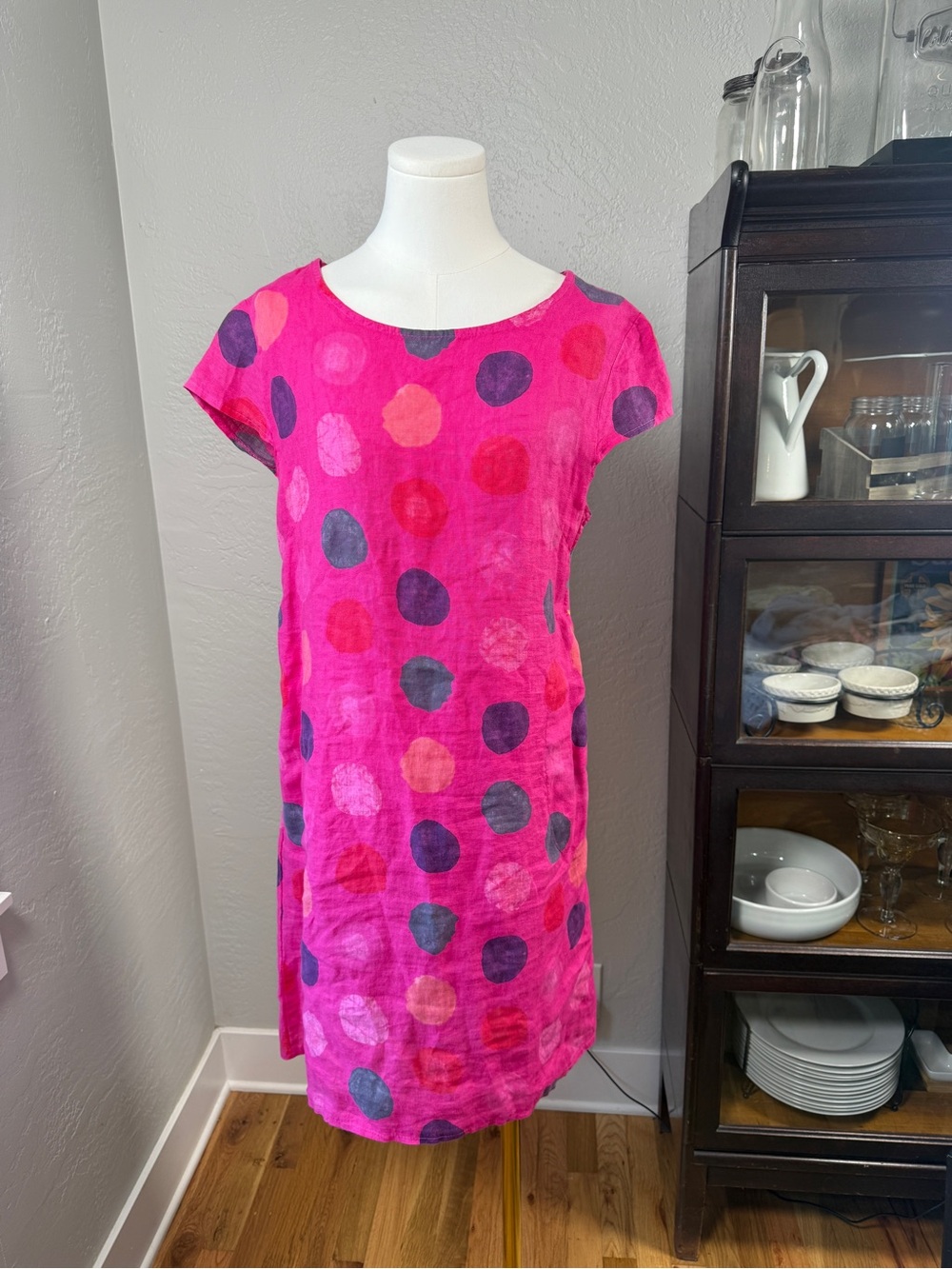 Angela Mara Pink Polka Dot 100% Linen Shift Dress Made in Italy Size M